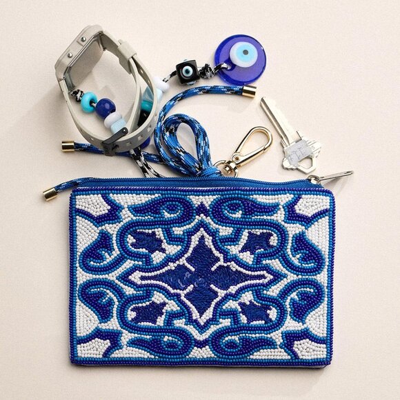Intricate Geometric Pattern Royal Blue Sequin Seed Beaded Mini Pouch Coin Bag - Picture 2 of 4